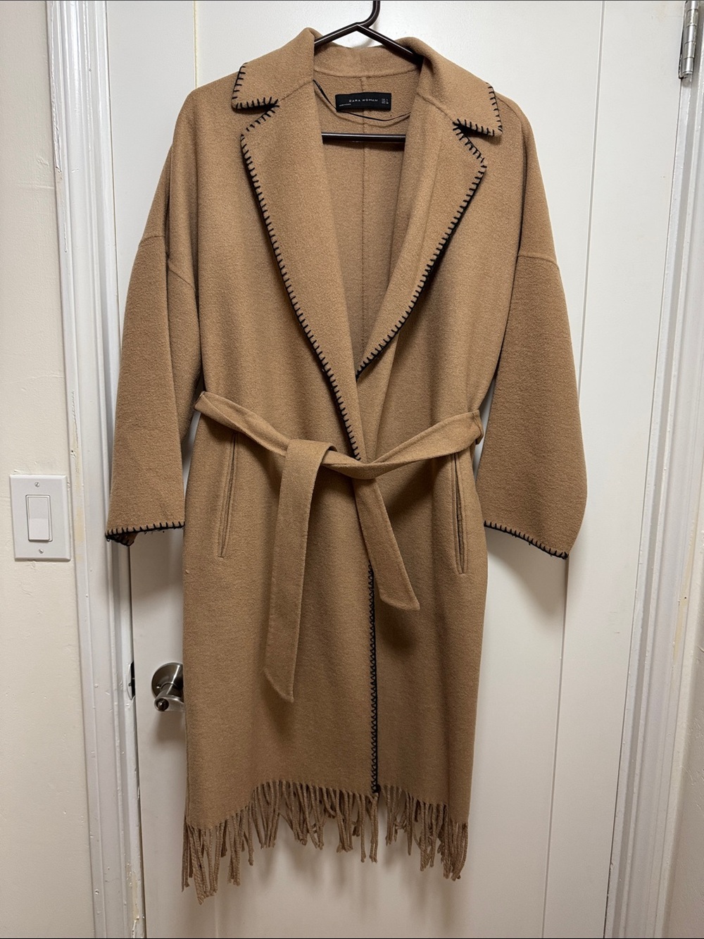 Zara Camel Fringe Wool-Blend Robe Coat with Black Whipstitch